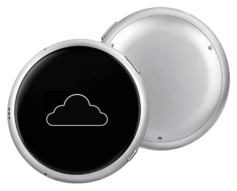 Cloudy from the front, its round black screen framed in silver, and from the back.