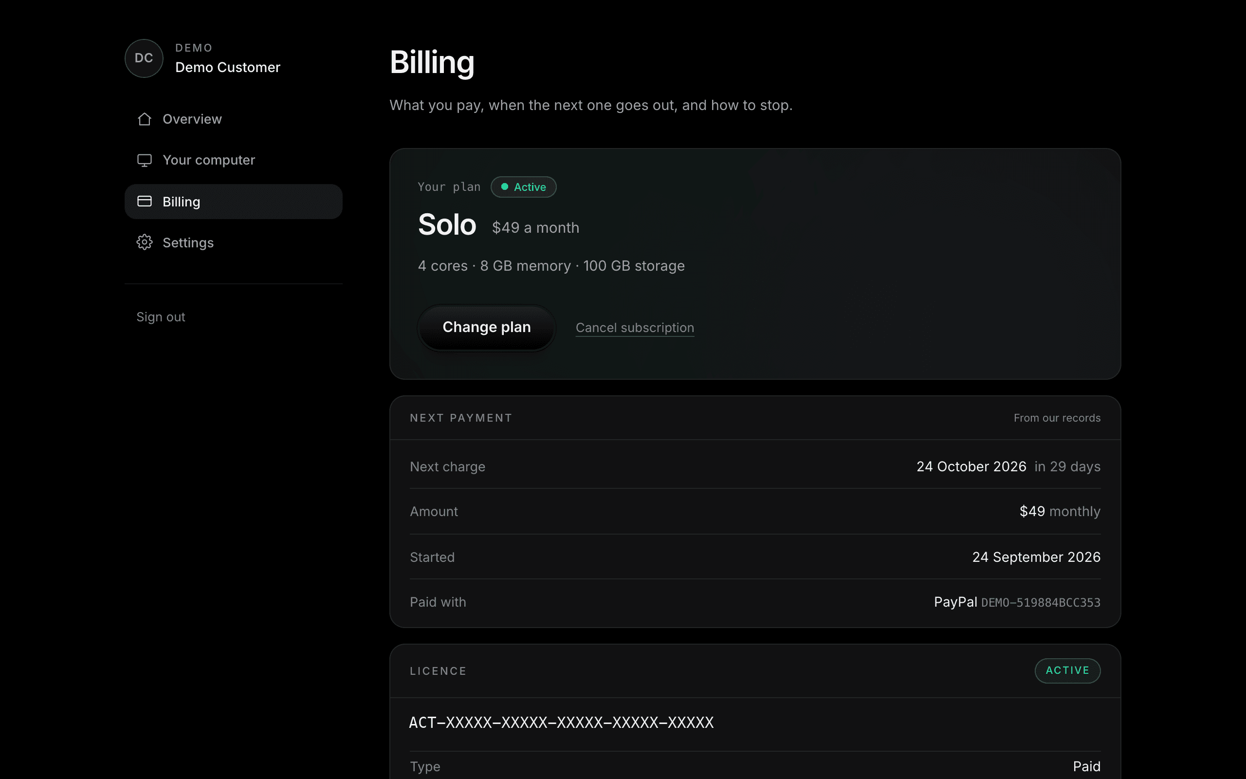 The Billing page: the current plan with its price and machine size, Change plan and Cancel subscription, then the next payment and the licence.