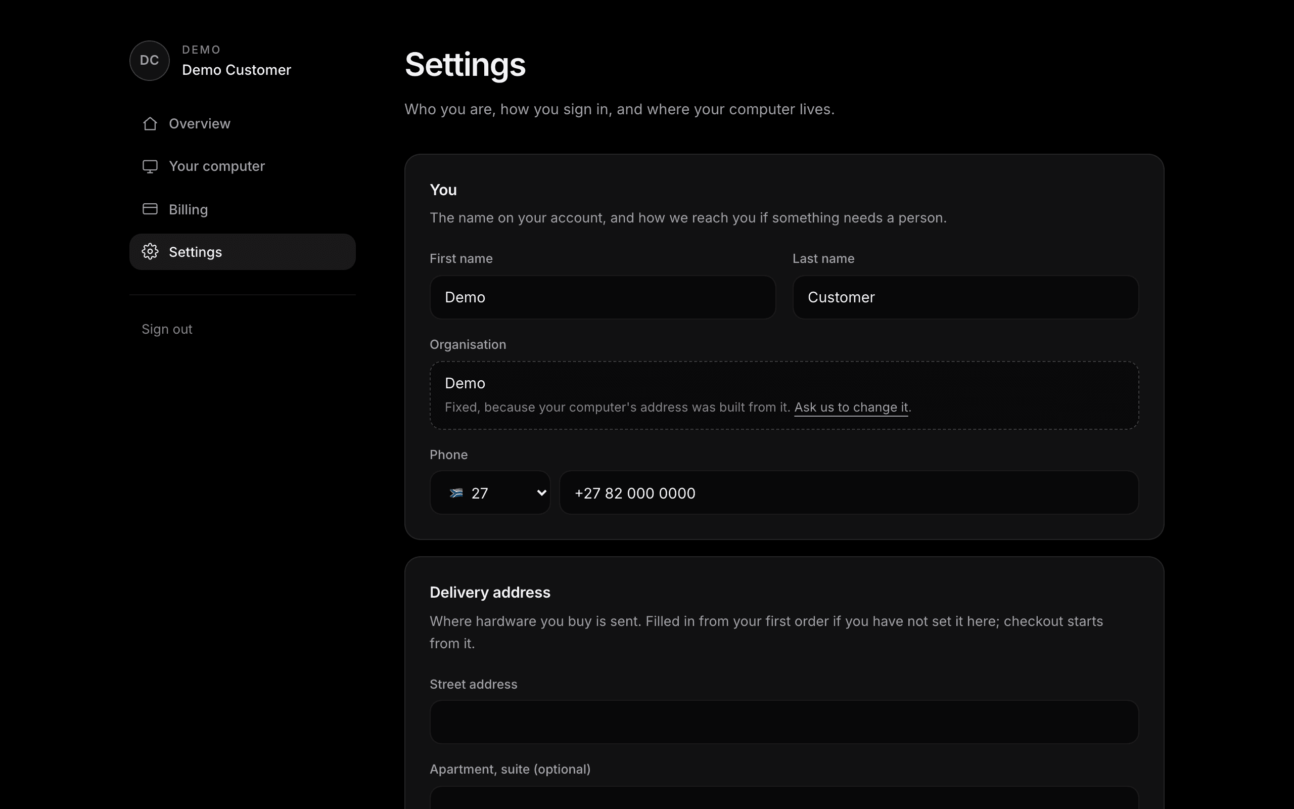 The Settings page: first and last name, organisation, phone, and the delivery address fields.