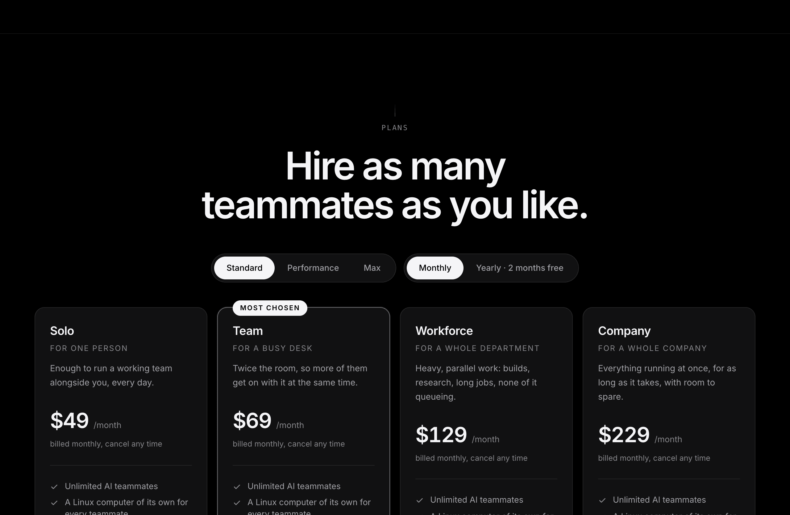 The pricing section: Solo, Team, Workforce and Company plans with their monthly prices, and switches for machine line and monthly or yearly billing.