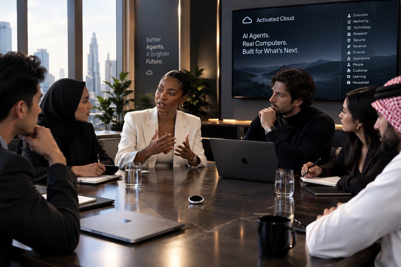 A team around a table with Cloudy in the middle, its avatar on screen.
